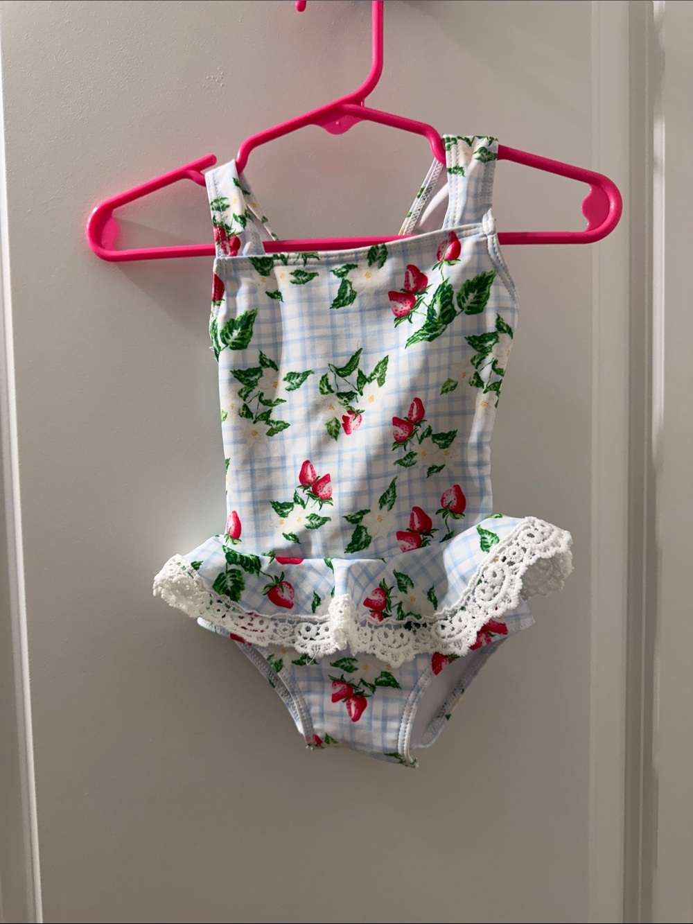 The Oaks Apparel Co. One-Piece Swimsuit with Strawberry Print and Lace Ruffle